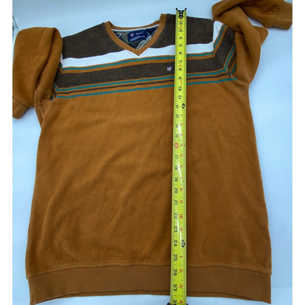 Gant Mens V-Neck Sweater 2XL Mustard Yellow Stripe Chest Logo Preppy Knit Jumper - Picture 4 of 12